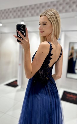 Sukienka długa tiulowa gorset koronka granat