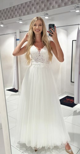 Sukienka długa koronkowy gorset tiul biel