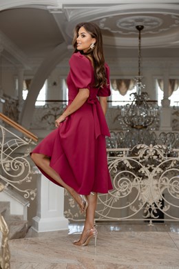 Sukienka midi 3/4 rękawek wiązanie plecy bordo