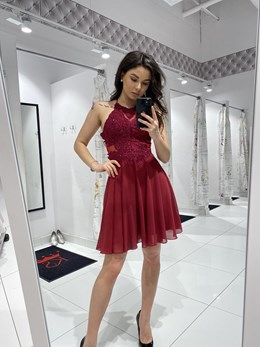 Sukienka krótka ramiączka na krzyż wiśnia