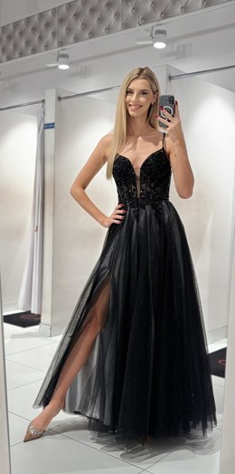 Sukienka długa tiul gorset ozdoby brokat cz/srebro