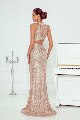 Sukienka długa dekolt z siateczką cekiny miedź