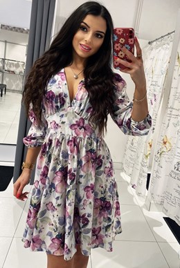 Sukienka krótka odcinana długi rękaw kwiaty róż