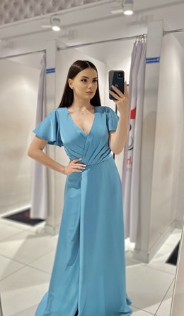 Sukienka długa rękawek pasek koraliki morski