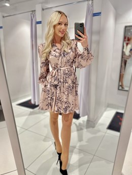 Sukienka krótka koszulowa rękaw print beż