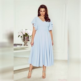 Sukienka midi falbana rękaw gładka błękit