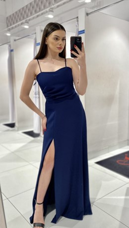 Sukienka długa wiązanie plecy gładka granat