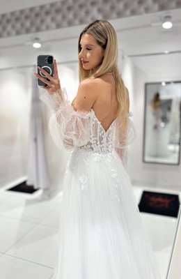 Sukienka długa rękawki gorset tiul brokat biel