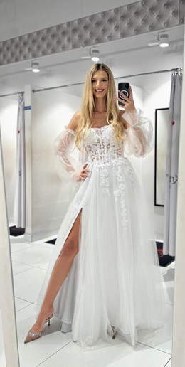 Sukienka długa rękawki gorset tiul brokat biel