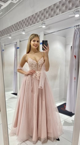 Sukienka długa gorset tiul brokat cyrkonie puder