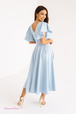 Sukienka midi falbana rękaw brokat błękit