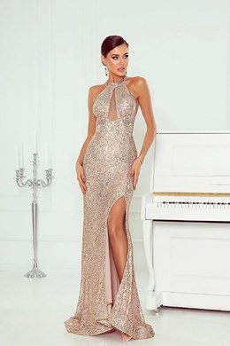 Sukienka długa dekolt z siateczką cekiny miedź