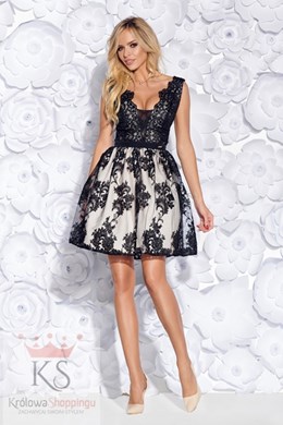 Sukienka krótka koronka bombka czarny/beż
