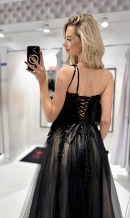 Sukienka długa asymetria tiul czerń/krem