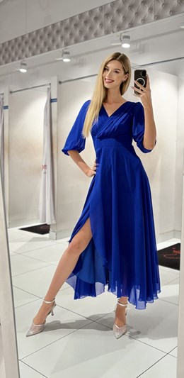 Sukienka długa rękaw pas chaber