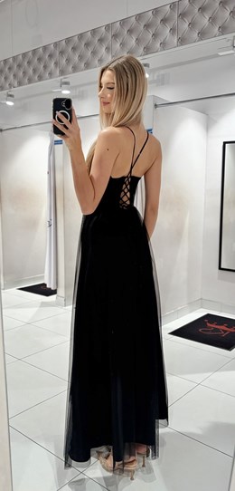 Sukienka długa tiul wiązane plecy brokat czerń