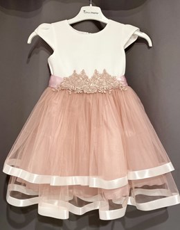 Sukienka dziecięca falbany ozdoba biel/wrzos