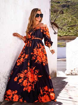 Sukienka długa długi rękaw kwiaty czerń/pomarańcz