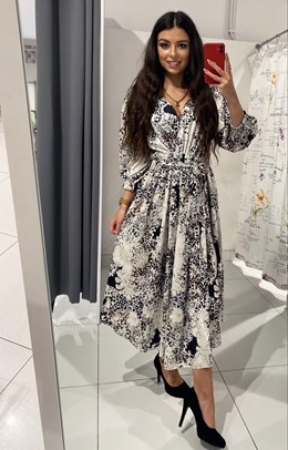 Sukienka midi wzory rękaw przepasana biel/czerń