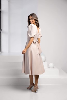 Sukienka midi rękawek dekolt V wiązanie beż