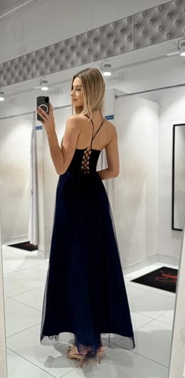 Sukienka długa tiul wiązane plecy brokat granat