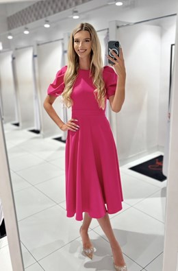 Sukienka midi guziki plecy rękawek wiązanie malina