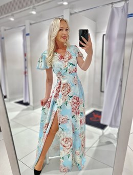 Sukienka długa rękawki dekolt kwiaty mięta