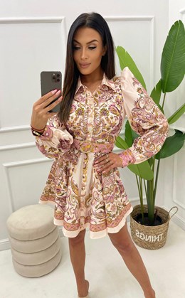 Sukienka krótka wzorzysta rękaw pasek złota klamra