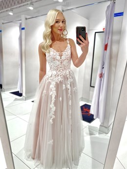 Sukienka długa tiul ramiączka koronka róż/biel