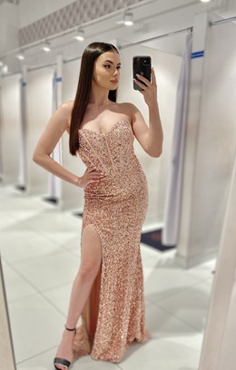 Sukienka długa zdobiony gorset cekiny pudowy