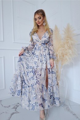 Sukienka długa rękaw wiązanie tył kwiaty granat