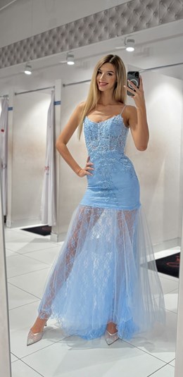 Sukienka długa rybka koronka zdobienia błękit