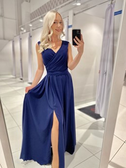 Sukienka długa marszczenia z paskiem gładka granat