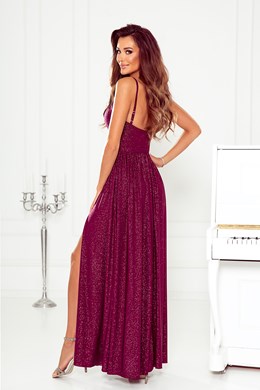 Sukienka długa ramiączka brokat rozcięcie bordo