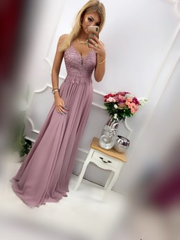 Sukienka długa z dekoltem na ramiączkach wrzos