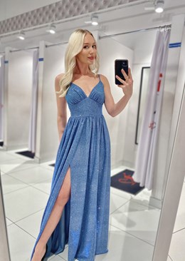 Sukienka długa ramiączka pas brokat błękit