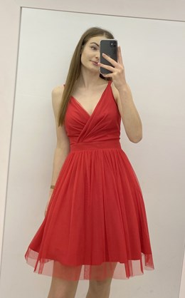 Sukienka krótka ramiączka pas tiul brokat czerwień