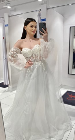 Sukienka długa gorset koronka rękaw tiul biel