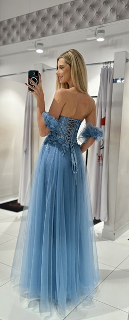 Sukienka długa gorset rękawek tiul jeans