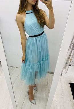 Sukienka midi tiul odkryte plecy brokat mięta