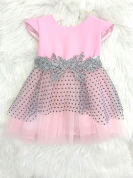 Sukienka dziecięca tiul kropki haft róż/popiel