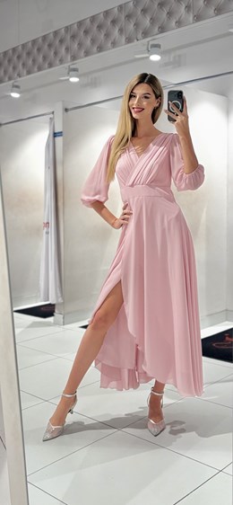 Sukienka długa rękaw pas pudrowy róż