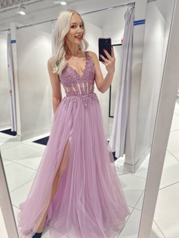 Sukienka długa tiulowa gorset koronka lila