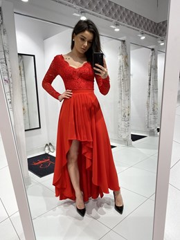 Sukienka długa asymetryczna długi rękaw czerwień