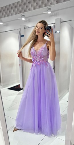 Sukienka długa tiul brokat koraliki kwiatki lila