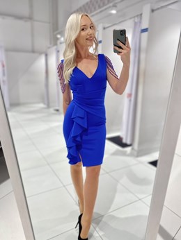 Sukienka krótka falbana koraliki ramiona chaber