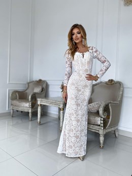 Sukienka długa dopasowana koronka biel/beż