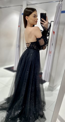 Sukienka długa gorset koronka rękawek tiul czerń