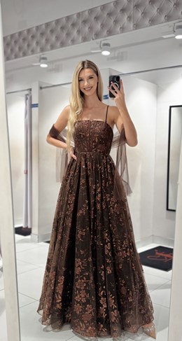 Sukienka długa balowa brokatowe kwiaty czekolada