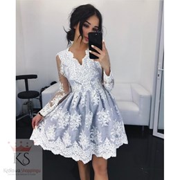 Sukienka krótka koronkowa rękaw biel/szary